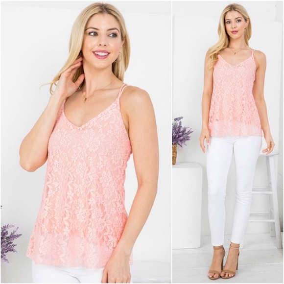 New Blushing Pink Lace Cross Back Thin Strap Elegant Romantic Tank Top - Picture 2 of 3